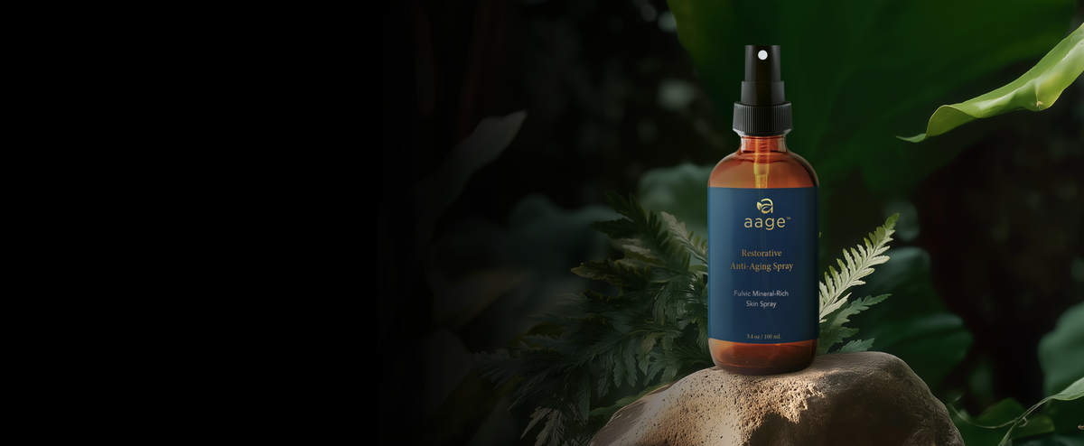 aage fulvic mineral face spray bottle on a rock among ferns